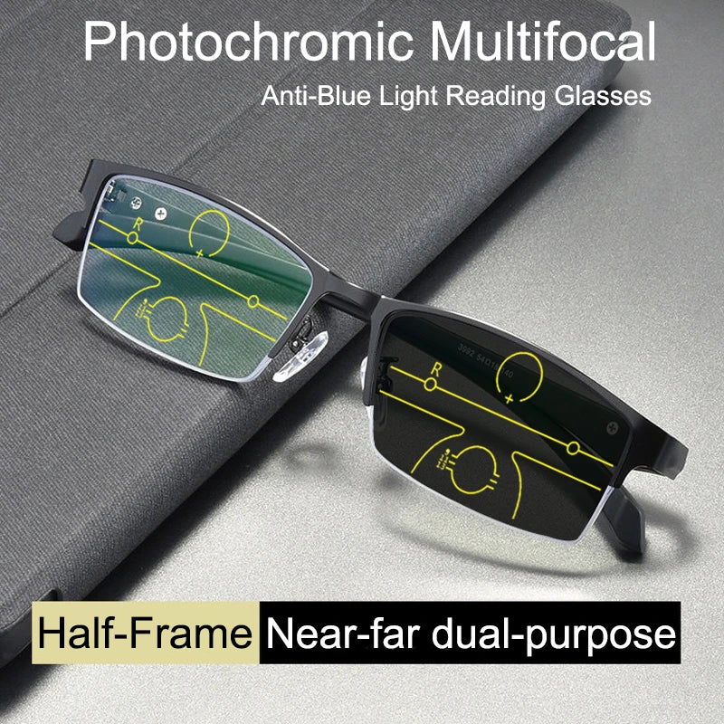 2022 Transition Photochromic Multifocal Reading Glasses Men's Smart Progressive Anti Blue Ray Half-Frame Hyperopia Eyewear +2.5