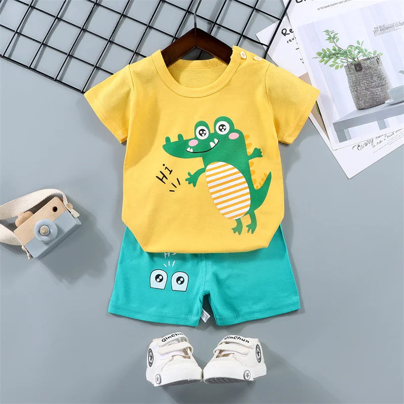 Girls Outfit Children Clothes Sets Baby Bow Tie Suit Boys Short-Sleeved T-Shirt Shorts 2 Pieces Kids Summer New Thin Costume