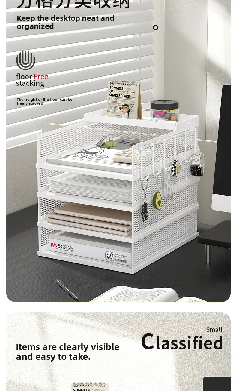 4 Tier Metal Paper Tray Desk Organizer, Stackable File Trays for Office Home, Multi-Functional Document Tray with Grid Design.