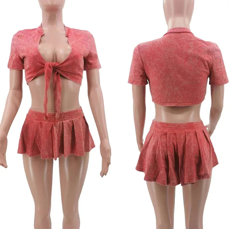 Streetwear Party Club Co Ord Sets for Women 2 Piece Set Outfit Summer Lace-up Crop Top and Mini Skirt Sets Conjuntos Para Vestir