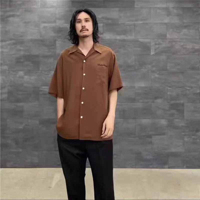 High-end Summer WACKO MARIA Solid Color Cursive wackomaria Embroidery Logo Simple Hawaii Short Sleeve Shirt