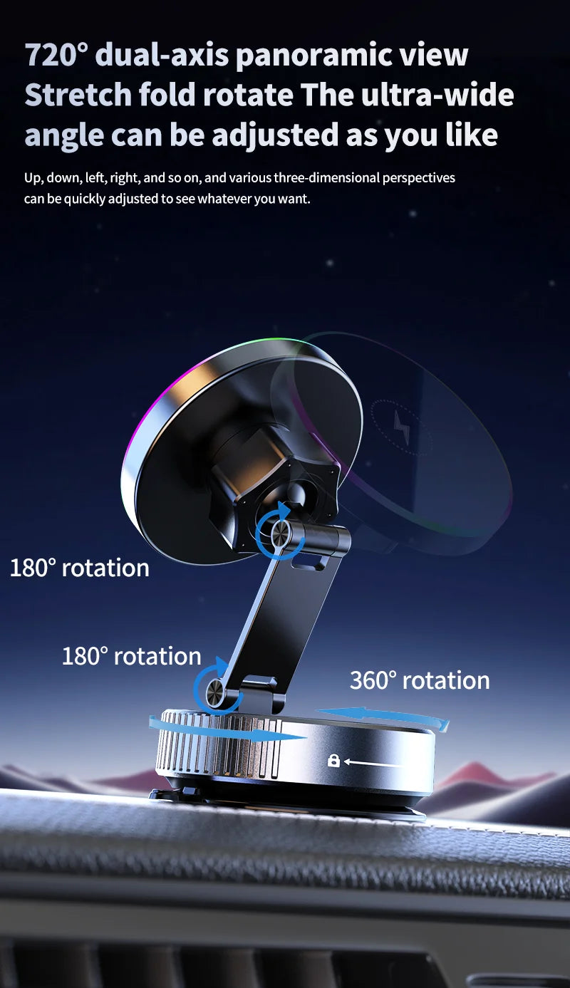 15W Vacuum Suction Magnetic Wireless Charger Car Phone Holder Mount 360 degree Rotatable Compatible with Smartphones for iPhone