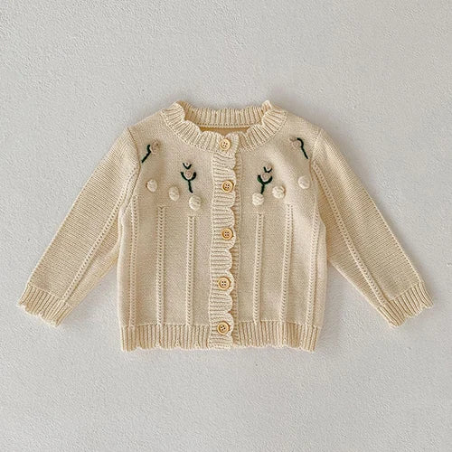 Autumn Winter Newborn Baby Girls Knitting Clothing Set Floral Embroidery Cardigan+Jumpsuit Infant Baby Knitted Clothes Suit