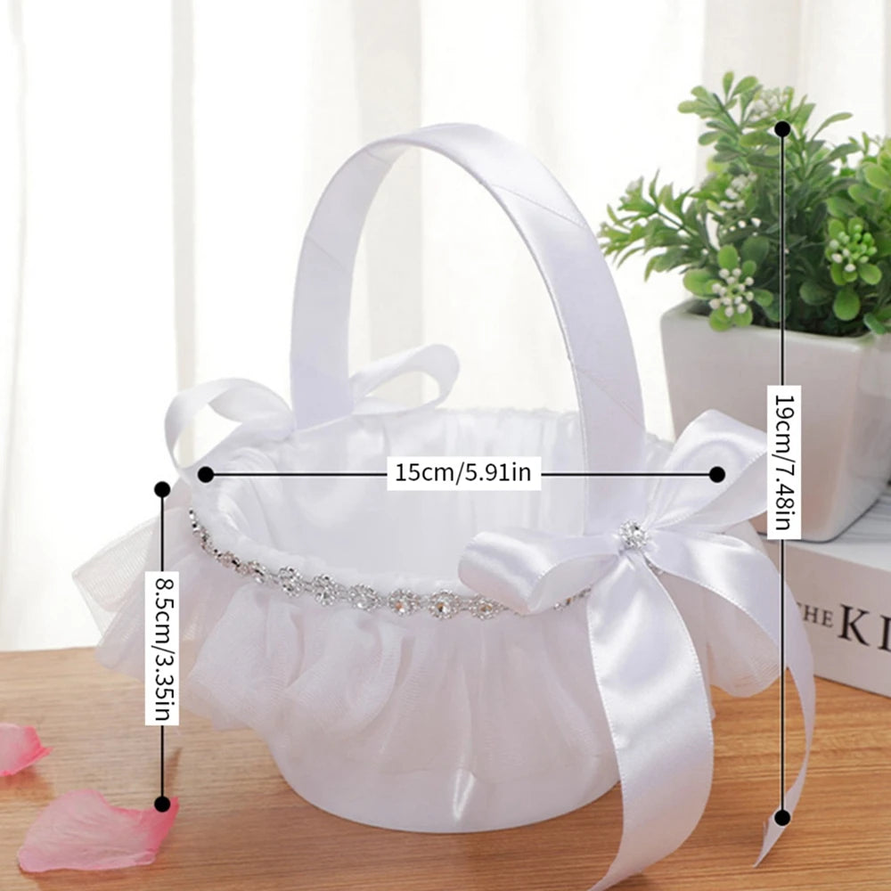 White Flower Girls Basket Simple Wedding Flower Basket  Bride Bridesmaid Hand Held Basket Wedding Ceremony Party Decorations