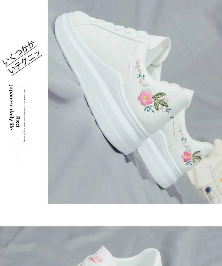 Shoes 2025 Women Running Spring Autumn Fashion White Breathable Embroidered Flower Lace-Up Casual Sneakers Zapatos De Mujer
