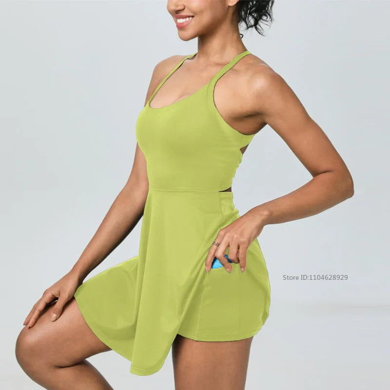 Summer Women Sexy Backless Tennis Dress Sleeveless A-lined Athletic Dress Built-in Bra & Shorts Ladies Elastic Workout Skirts