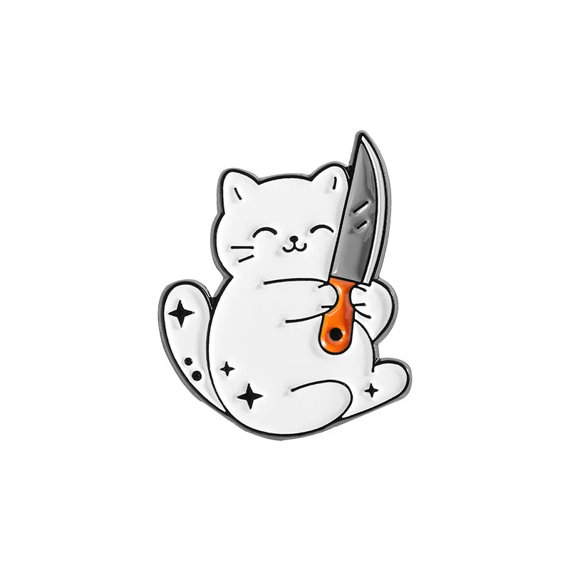 White Cat Holding Knife Enamel Pins Threatening Provoking Quotes Say That Again Brooch Bag Lapel Badge Jewelry Fans Gifts