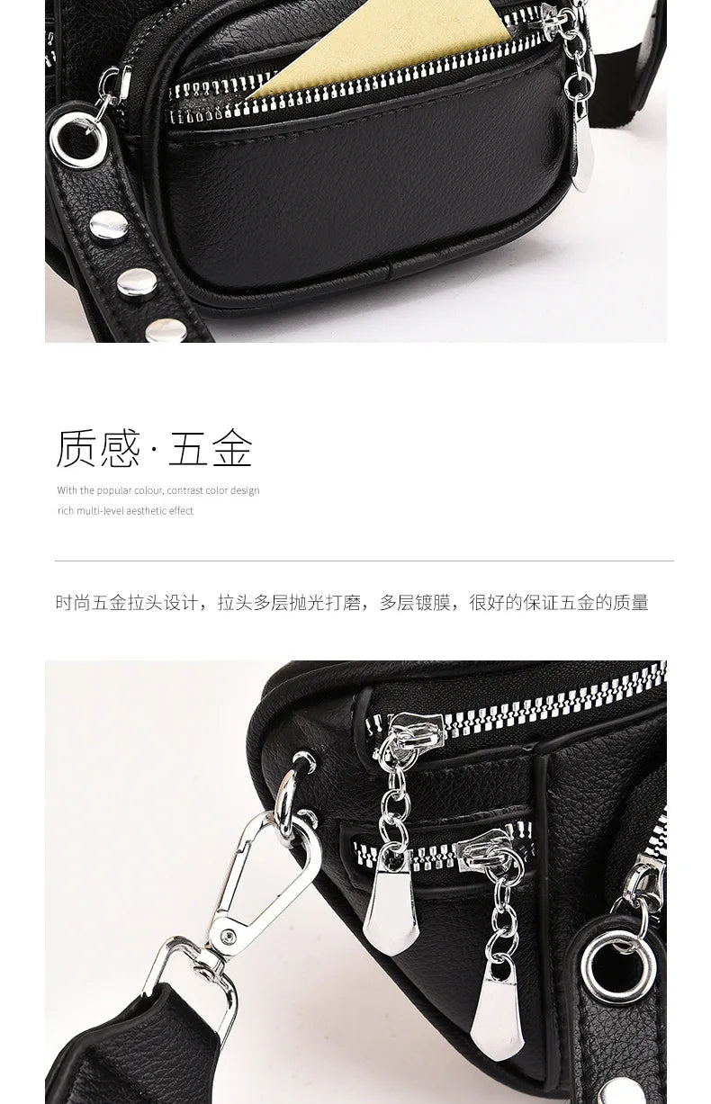 Luxury Multi-pocket 100% cowhide Crossbody Bags For Women Black Shoulder Messenger Handbags Small Chest Bag Travel Saddle bag