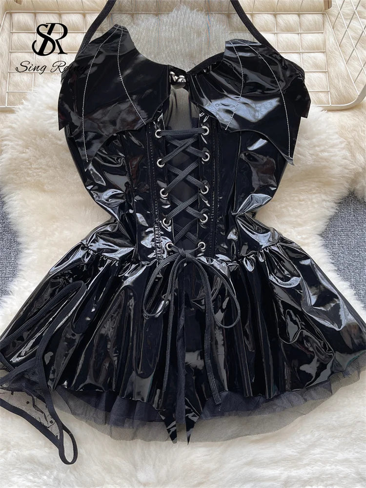 SINGREINY Women Pu Leather Sensual Dress Halter Lace Up A Line Sexy Nightdress+Thongs Sheer Backless Mini Porn Nightwear