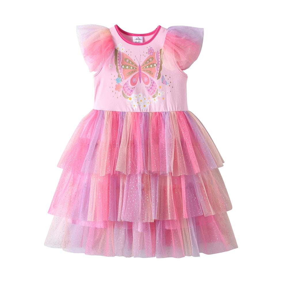 DXTON Girls Princess Dress Ruffles Sleeveless Butterfly Kids Vacation Dress Gradient Mesh Layered Cake Children Birthday Clothes