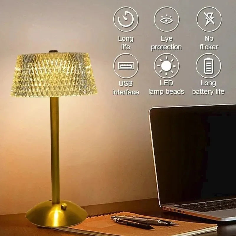 Classic LED Cordless Table Lamp USB Rechargeable Night Light Coffe Bar Touch Dimming Desk Lamp Bedroom Decor Crystal Table Lamps