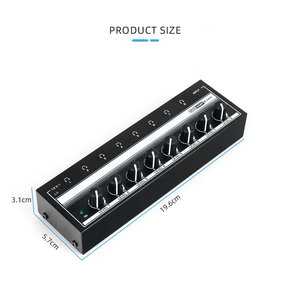 Headphone Amplifier 8 Channels Stereo Audio Amplifier AMP Ultra-Compact Portable Mini Amplifier with Rotary Button 6.35mm Jack