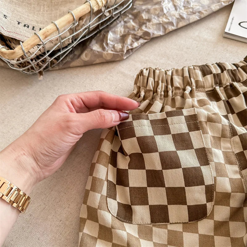 deer jonmi 2023 Summer Korean Style Children Plaid Patchwork Shorts Baby Boys Casual Chic Loose Shorts Kids Clothes