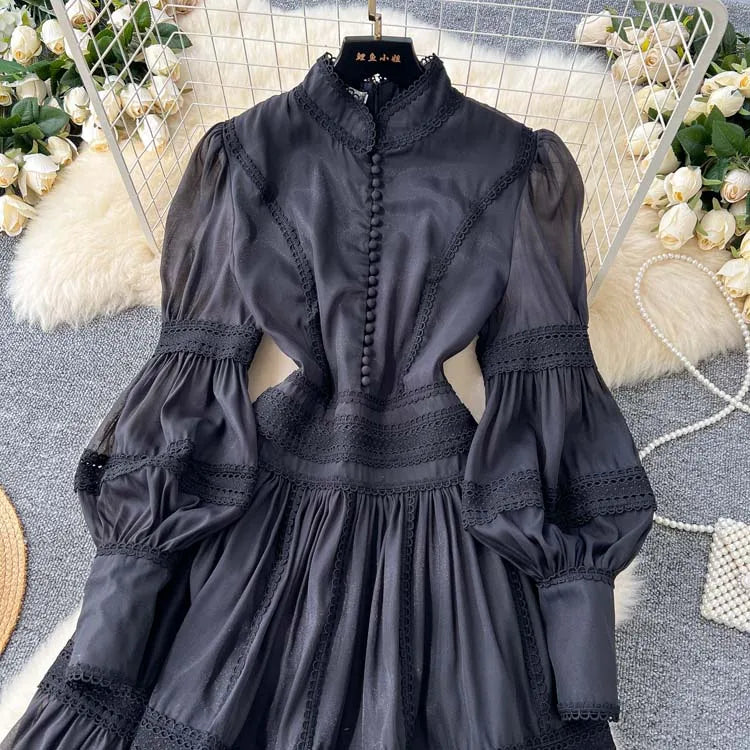 Luxury Vintage Women's Lace patchwork dress 2025 Spring Beach Long puff sleeve mini dresses White Black Lady vestidos 4D145