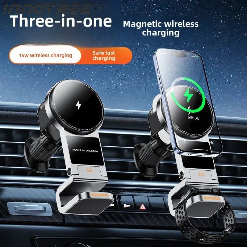 Magnetic Wireless Charger Car Phone Holder 15W Fast Charging  Air Outlet Hook Mount Stand for Magsafe IPhone 16 Earphone Iwatch