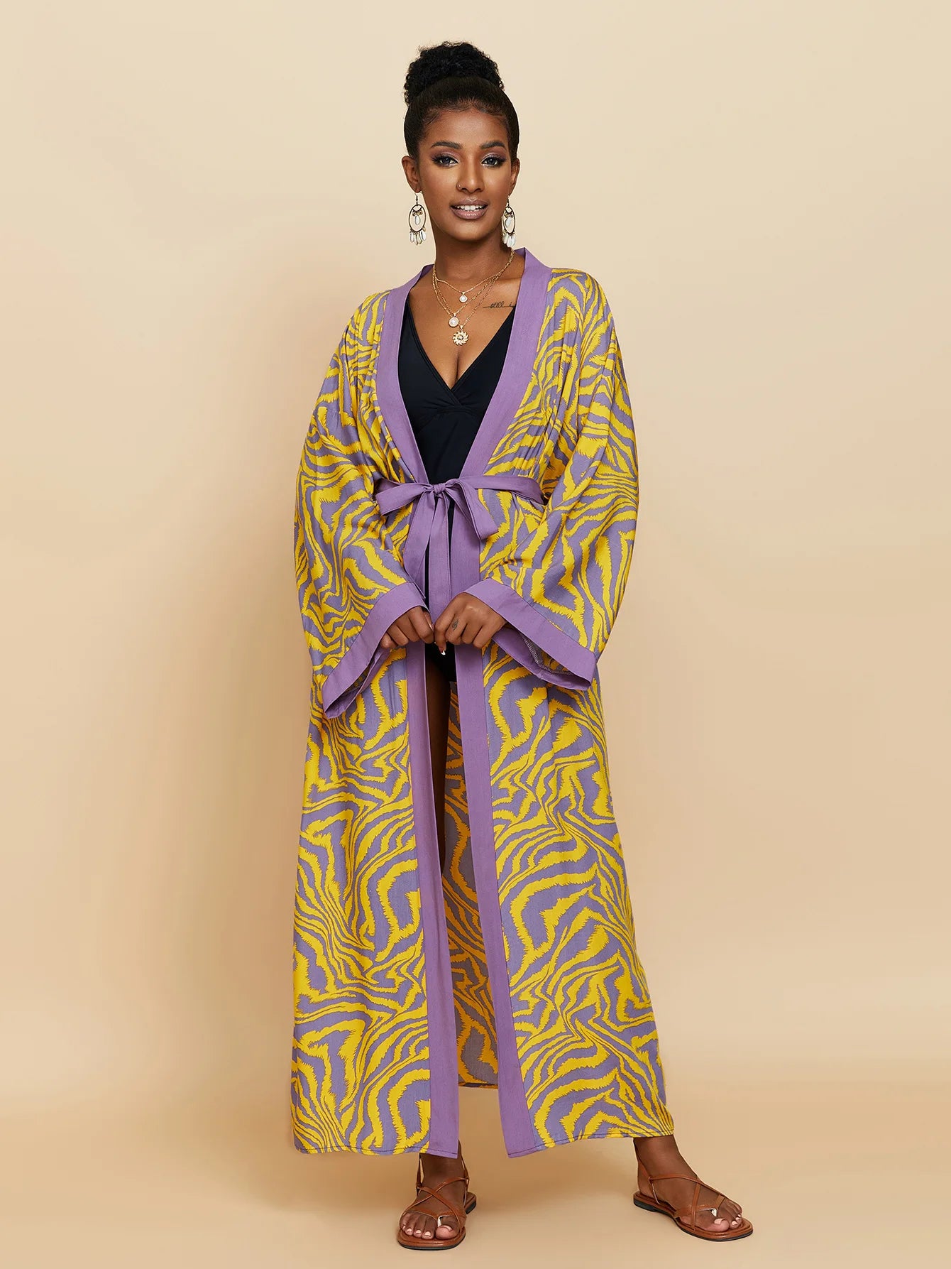 Zebra Beach Cover Ups for Women Long Sleeve Kimono Dress Self Belted Rayon Elegant Pareo 2023 Bathing Suits Holiday Beachwear