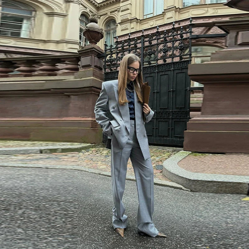 Elegant Blazer Coat Pants Set Women 2026 Lapel Double Breasted Jacket Straight Trousers Female Sets Spring Chic Lady Suit