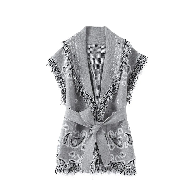 Women's Print Fringe Knitted Vest Coat Fashion Sleeveless Tie Waist Pocket Cardigan Sweater Lady 2025 Autumn Casual Outerwear
