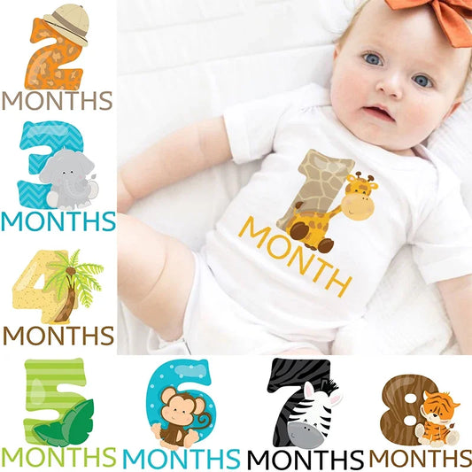 Monthly Milestone Baby Grow Bodysuit Cute Animal 1-12 Months One-Pieces Baby Shower Gift Month Pictures Monthly Jumpsuit Clothes