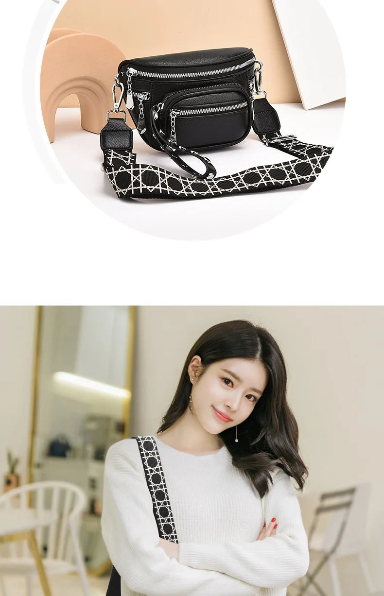 Luxury Multi-pocket 100% cowhide Crossbody Bags For Women Black Shoulder Messenger Handbags Small Chest Bag Travel Saddle bag