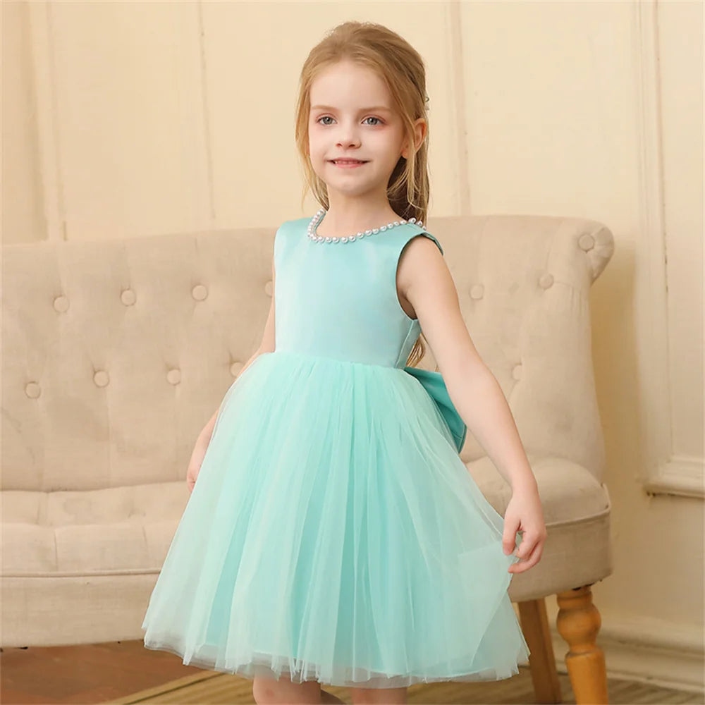 Toddler Girl Flower Birthday Tulle Pearl Dress Backless Bow Wedding Gown Baby Girl Bowknot Dresses Kid Party Wear Princess Dress