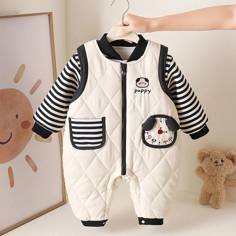 Baby Toddler Fall/Winter Clothing Newborn Thickened Separate Set Baby Boy Striped Sweatshirt Super Cute Quilted Overalls