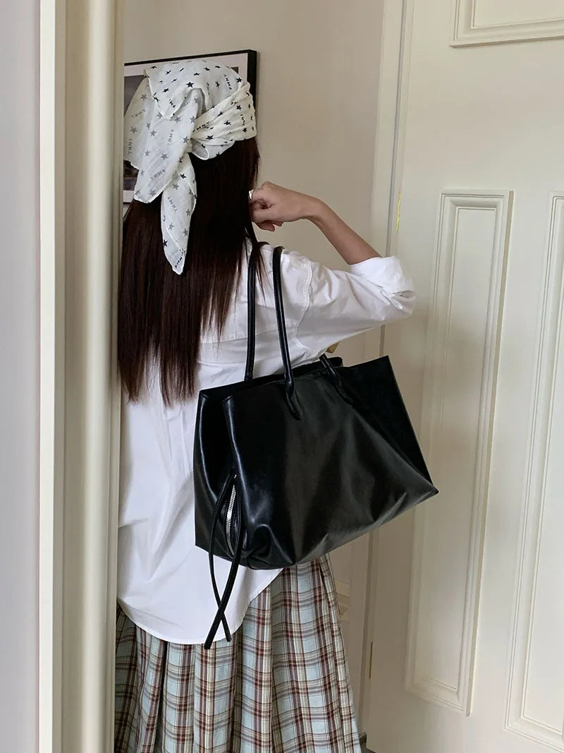Women's PU Tote Bags Minimalist Large Capacity Multi Compartment Shoulder Bags Elegant Drawstring Commuter Handbags