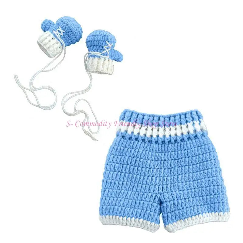 Newborn Photography Set Bath Gift Woven Photography Props Boxing King Blue Red Pink Boxing Suit Handmade Crochet