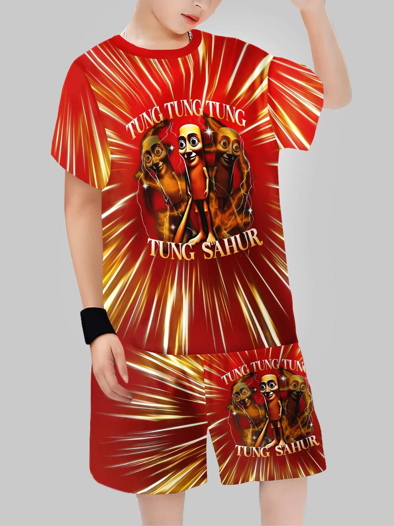 Fashion AI Games TungTungTung Sahur Design T-shirt+Shorts Summer Clothing Set Sports Suit T-Shirt & Pants Baby Outfits