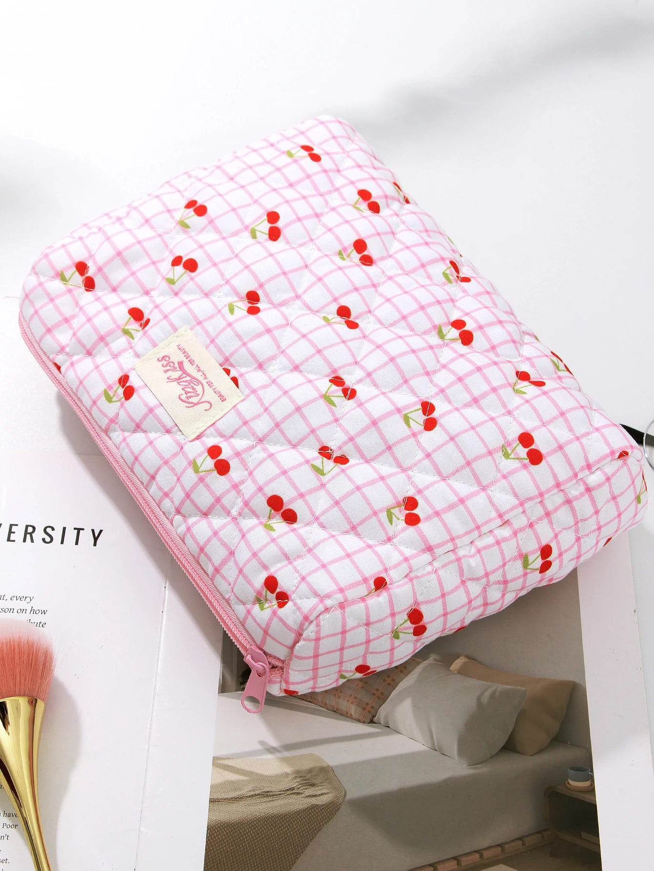 1pc/set Large Pink Cherry Quilted Makeup Bag, Cute Makeup Bag, Travel Makeup Bag, Makeup Storage Bag for Women Girls