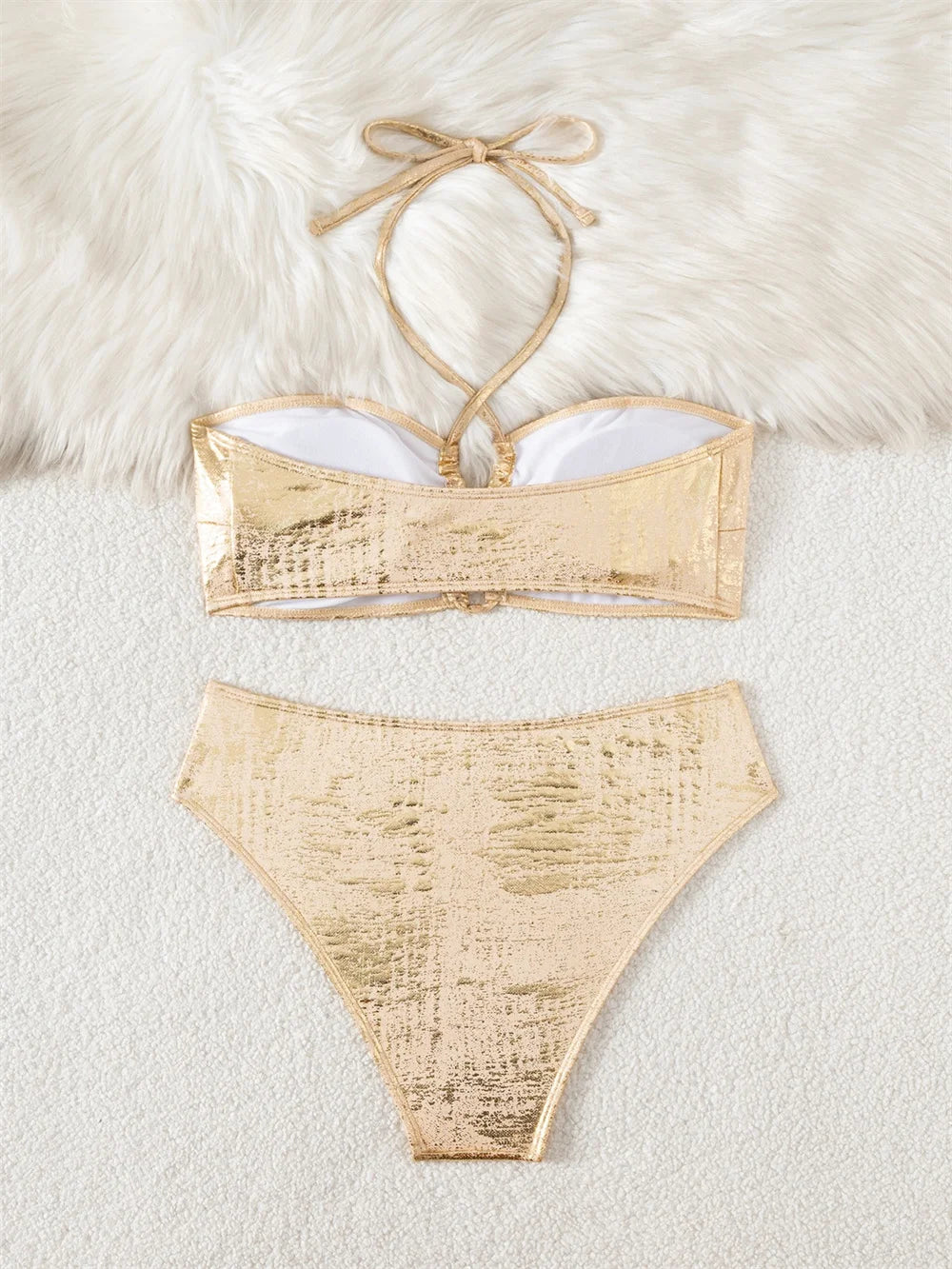 Sexy Hollow Out Drawstring Bikini Retro Metallic Gold Bandeau Swimsuit Push Up Swimwear Women Vacation Outfit Beach Bathing Suit