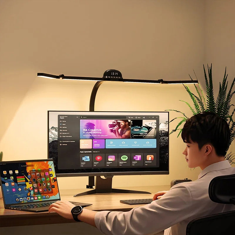 LED Full Spectrum Eye-Caring Architect Desk Lamp with Clamp Flexible Gooseneck 120cm Foldable 4-Head Stepless Dimming Lamp