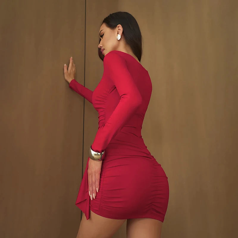 CUTENOVA Women'S Fall/Winter New Arrival Sexy Solid-Color Bodycon Gathered Ribbon Long-Sleeve Bodycon Chic Streetwear Dress