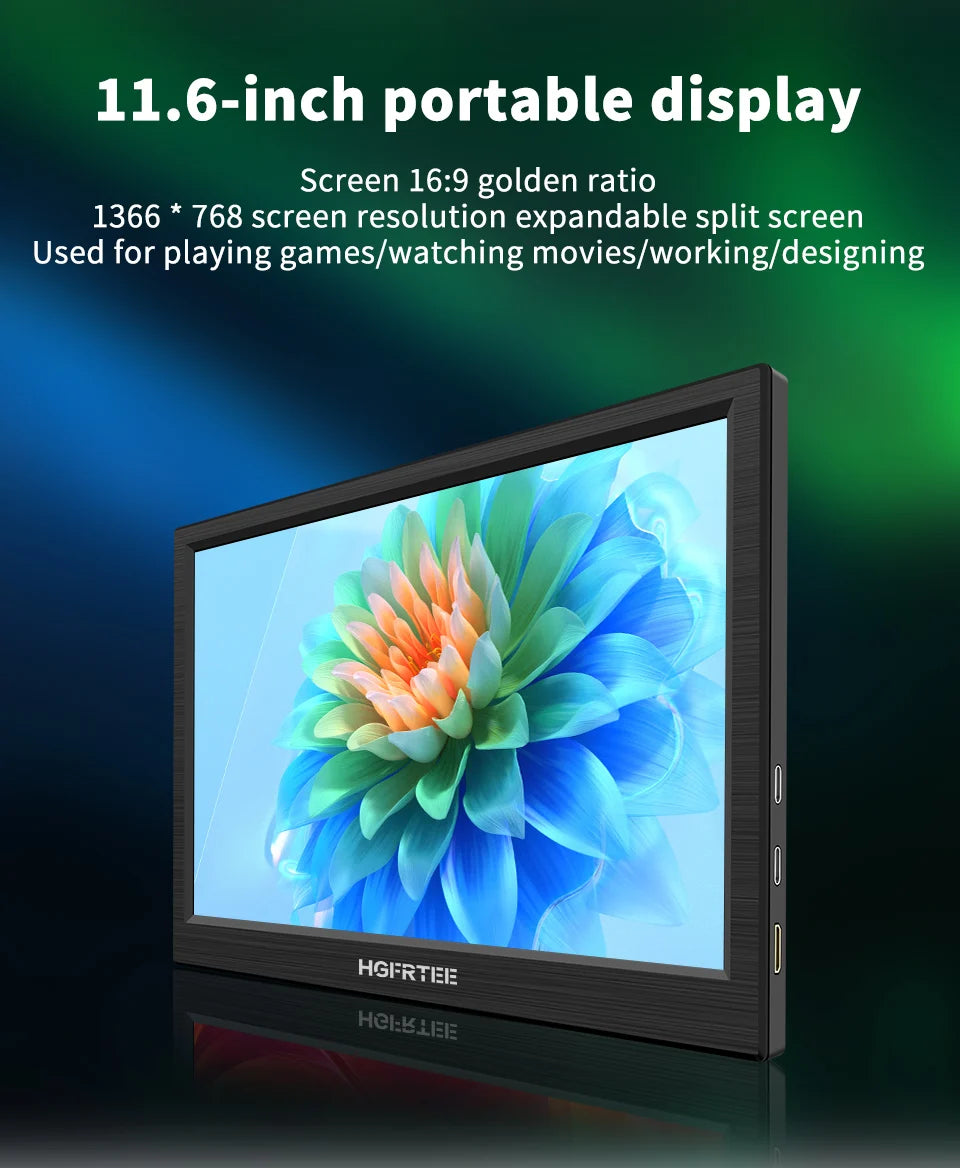 HGFRTEE portable monitor 11.6inch laptop monitor 768 display external monitor suitable for laptop and computer built-in speakers