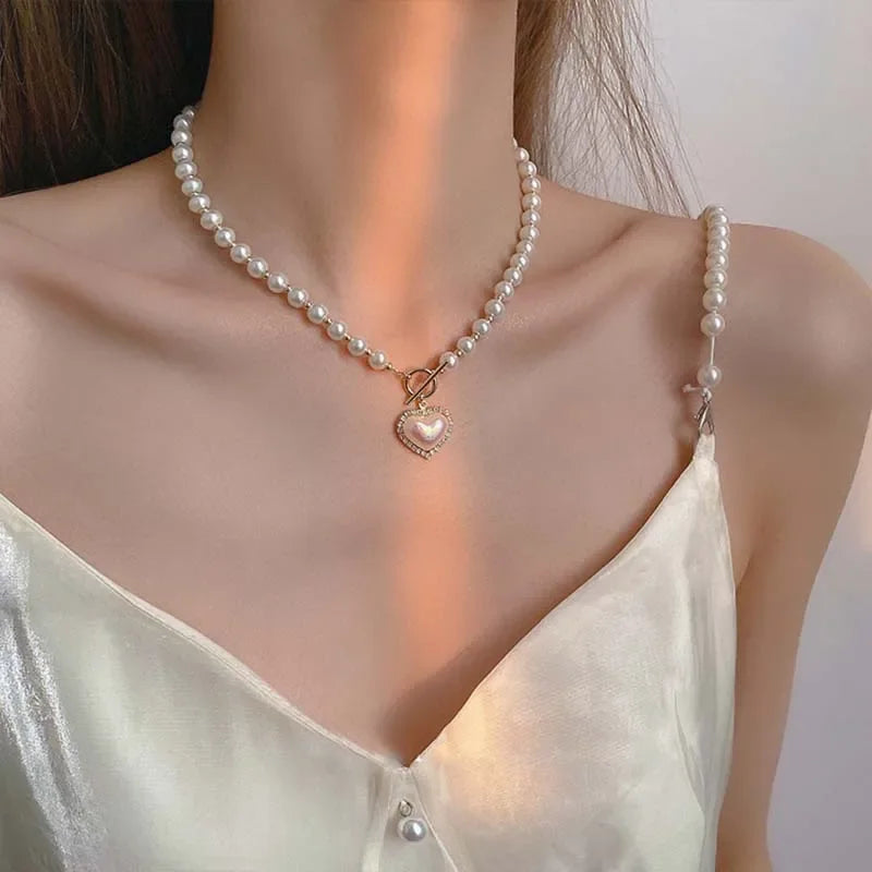 New Ins Heart Shape Pearl Necklace Women Vintage Korean Crystal Love Beads Pendant Choker Wedding Party Fashion Jewelry Gifts