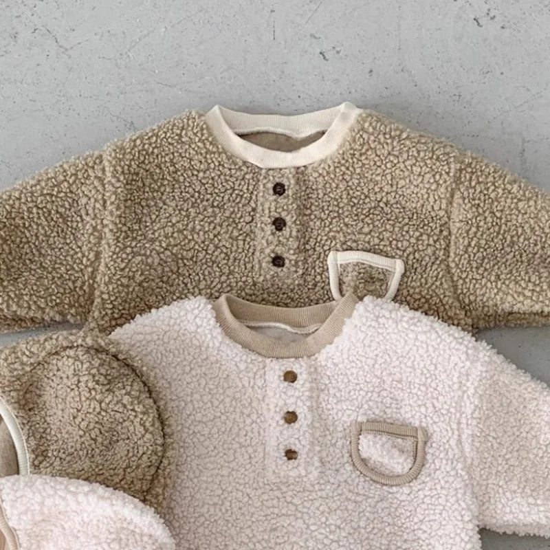 2026 Winter New Baby Warm Berber Fleece Romper + Hat Newborn Toddler Plus Velvet Thick Long Sleeve Jumpsuit Boy Girl Clothes