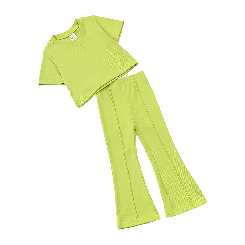 2025 Girls Summer Outfit Sets Toddler Crewneck Tshirt Shirt Top + Bell-Bottom Pants Sets Cute Children Flared Pants Baby Suit