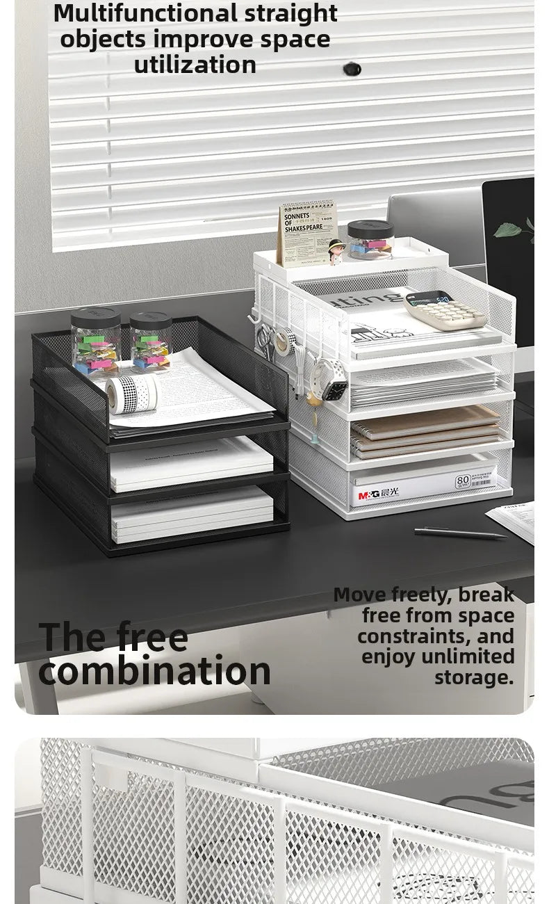 4 Tier Metal Paper Tray Desk Organizer, Stackable File Trays for Office Home, Multi-Functional Document Tray with Grid Design.