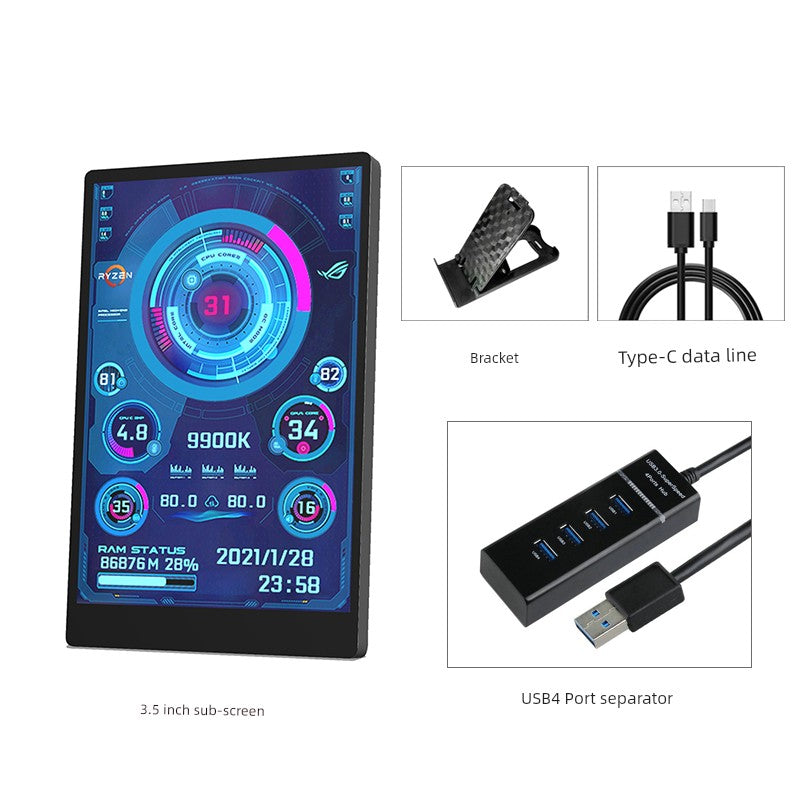 3.5-Inch Computer Sub-Screen IPs Full View USB-C Chassis Sub-Screen Computer Status Monitoring Installation-Free Aida64