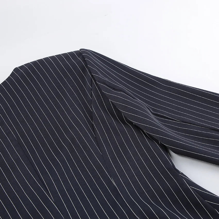 Women's Matching Sets 2026 Woman Navy Blue Striped V-neck Waist Small Suit Top Short A-shaped Skirt Women's Two-piece Set