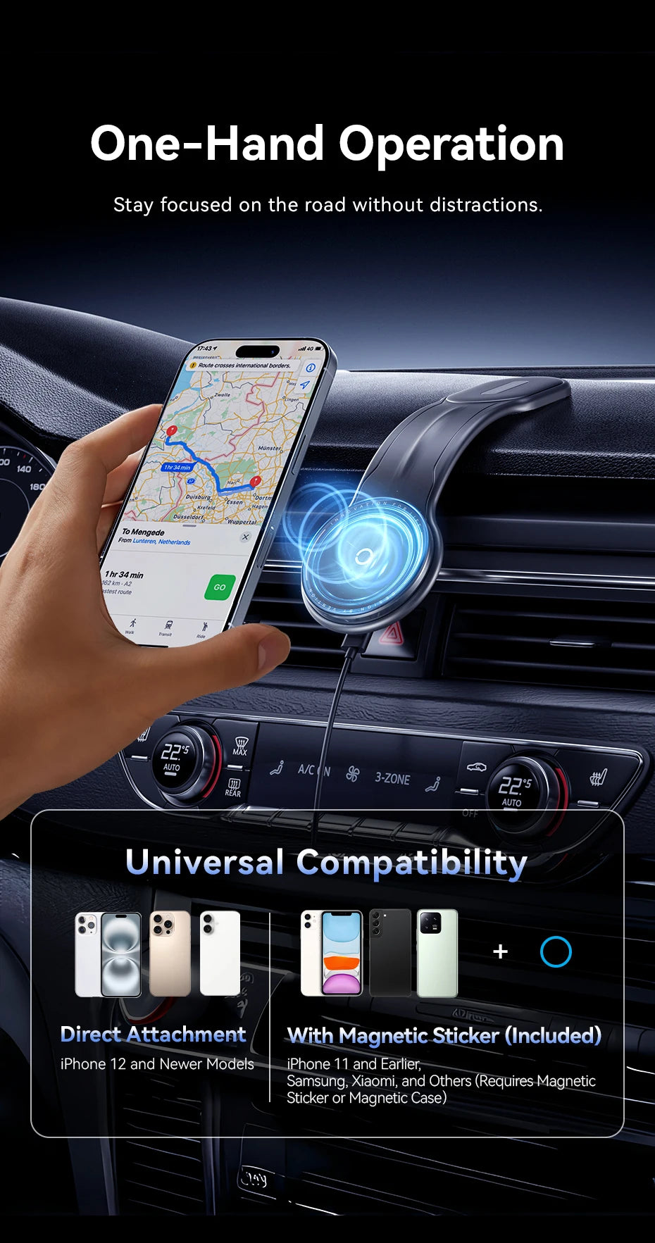 Vention Magnetic Car Phone Holder Mount Adhesive Style Adjustable Dashboard Magsafe For iPhone 12-17 15W Wireless Fast Charging