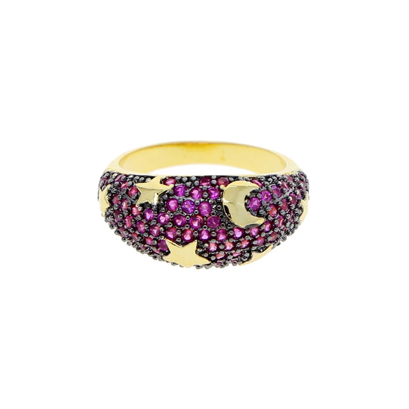 2025 Gold Color Rainbow Fashion Bling Moon Star Ring For Women Men Hip Hop Iced Out Paved Colorful Neon Enamel Luxury Jewelry