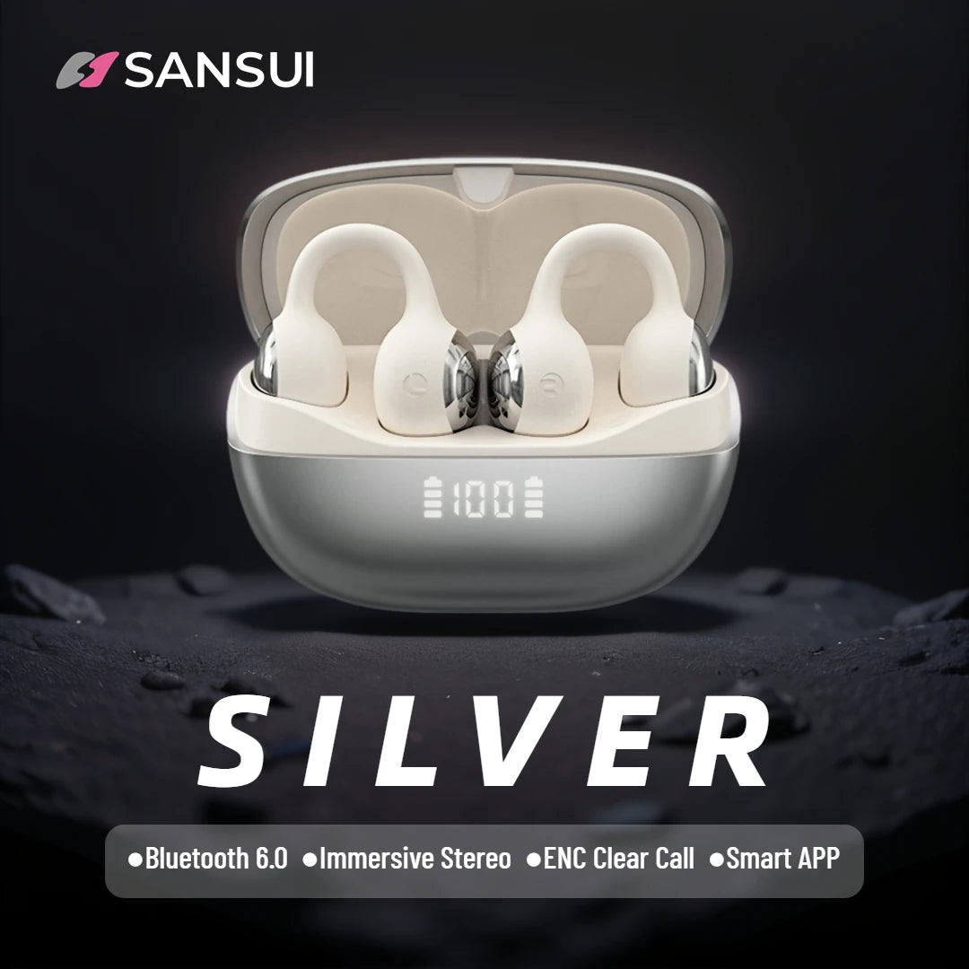 SANSUI W68 OWS Ear Clip Headphones Air Conduction Bluetooth 6.0 Earphones Dual ENC Clear Call TWS Wireless Earbuds with APP