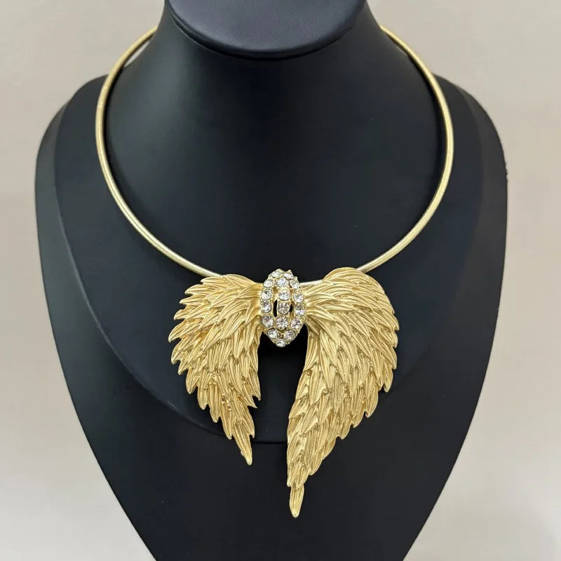 Luxury Gold Angel Wing Choker Necklace Vintage Crystal Inlaid Statement Collar for Women Wedding Evening Party