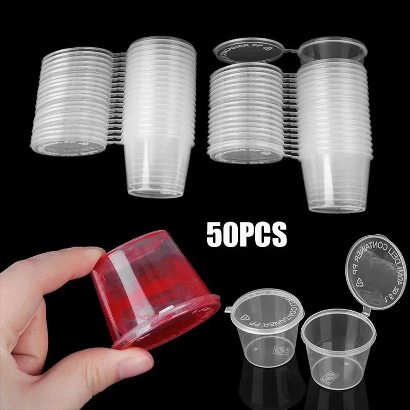 50pcs Disposable Sauce Containers Package Box&Lid Clear Portable Plastic Takeaway Sauce Cup Containers Food Box With Hinged Lids
