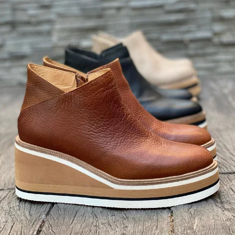 Wedges Women's Boots Retro Female Ankle Boots Trend Round Toe Platform Booties Comfortable Zipper Leather Shoes for Women Heeled