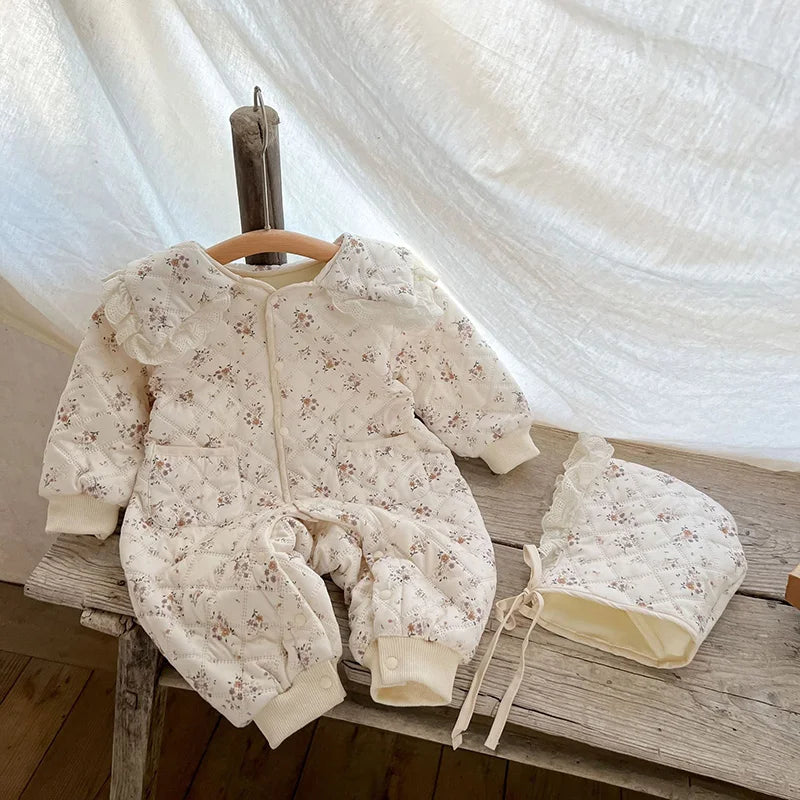 MILANCEL Winter Baby Clothes Floral Girls Rompers Fur Lining Toddler Clothes With Hat