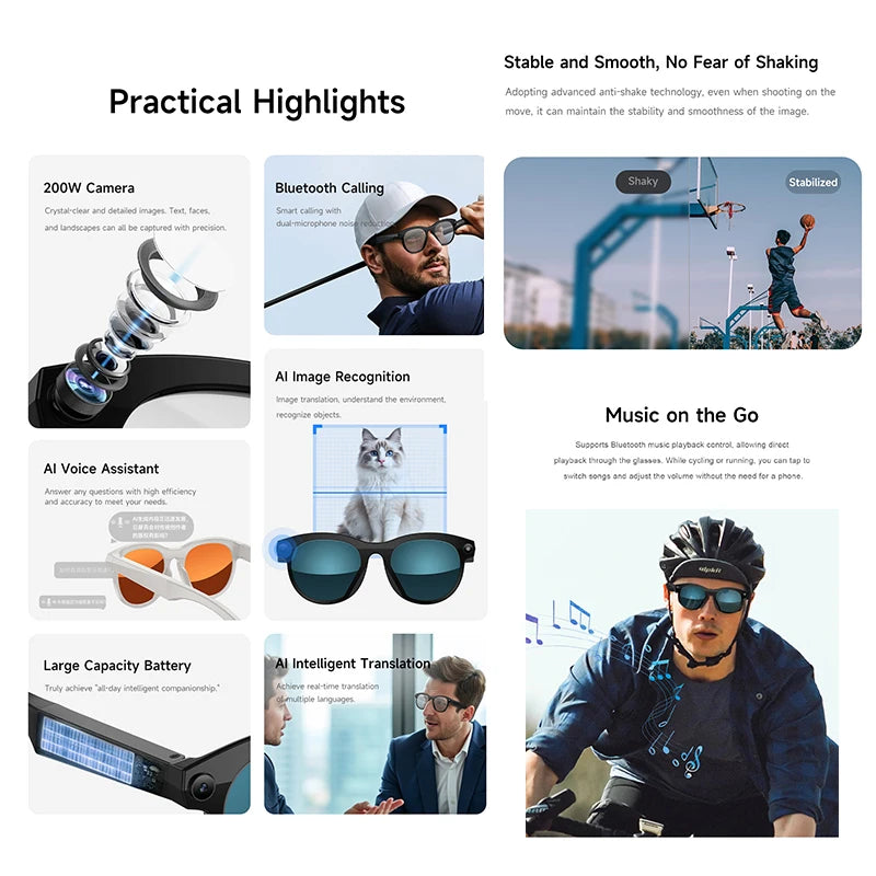 New Intelligent Ai Camera Glasses 200W Pixel HD Shooting Translation Bluetooth Call Intelligent Recognition Sunglasses Men Women