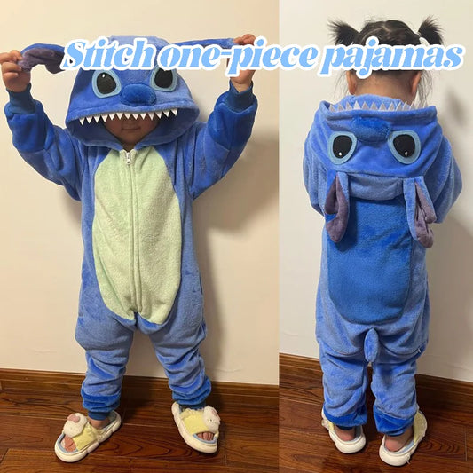 Children's Gift Autumn and Winter Flannel Cartoon One-Piece Pajamas for Boys and Girls Home Clothes Stitch Cute Christmas Gift