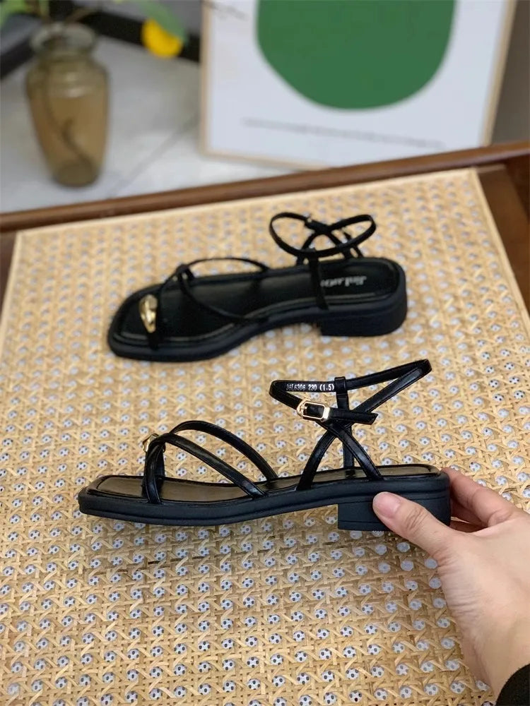 Sandals Women 2024 Summer New Fashion Square Toe Roman Shoes Simple Fairy Strap Women Shoes Flat Casual Shoe Sandalias De Mujer